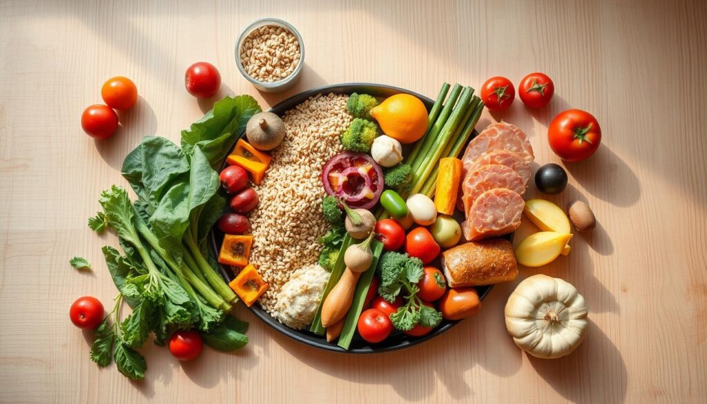 a balanced meal on a light wooden table, arranged artfully with a variety of fresh, colorful ingredients - whole grains, vegetables, fruits, lean proteins, and healthy fats. the lighting is soft and natural, casting a warm glow over the scene. the composition is visually appealing, with the food items thoughtfully placed to create a sense of harmony and balance. the overall mood is one of health, nourishment, and simplicity. the image evokes a feeling of a well-rounded, nutritious diet that can help prevent conditions like diabetes.