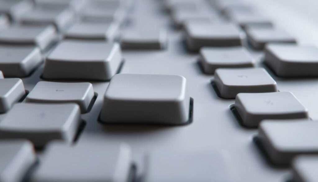 A high-contrast close-up shot of a computer keyboard, with the tactile feedback mechanism visibly disabled or deactivated. The keys appear flat and smooth, with a subtle muted color palette. Soft, indirect lighting illuminates the scene, creating a clean and minimalist aesthetic. The composition should draw the viewer's attention to the specific area where the tactile feedback has been turned off, conveying a sense of understated functionality and efficiency.