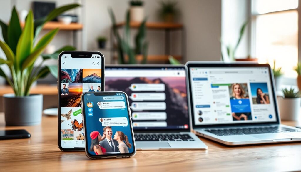 A modern workspace showcasing three distinct iOS app updates: Photos, Messages, and Safari. In the foreground, an open iPhone with a vibrant Photos app displaying a collage of beautifully organized images, a friendly interaction in the Messages app with colorful chat bubbles, and the Safari browser highlighting a sleek, new browsing feature. The middle ground features a stylish laptop with a similar interface, representing seamless connectivity between devices. The background captures a softly lit office environment, accented by plants and tech accessories. The mood is professional yet inviting, with natural light streaming in from a window, creating a warm atmosphere. The focus should be clear and sharp, showcasing the apps in detail, and presenting a sense of innovation and modernity.