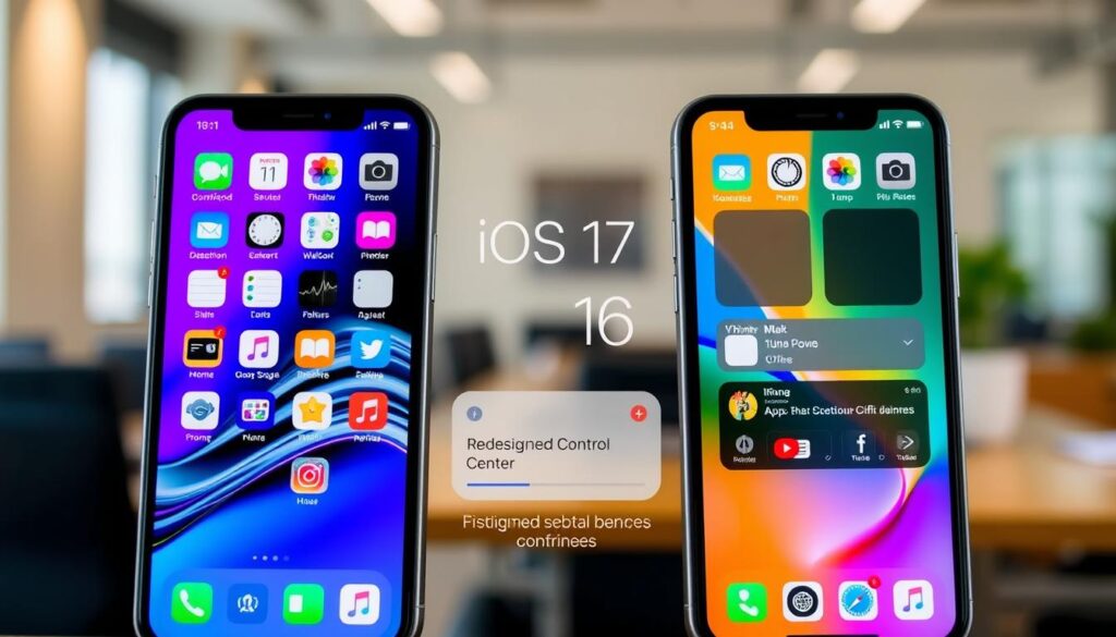 A sleek, modern comparison image showcasing the interface of iOS 17 alongside its predecessor, iOS 16. In the foreground, feature two smartphones displaying their home screens, side by side, highlighting key design differences, vibrant app icons, and user interface elements. In the middle, include a subtle overlay of the new features such as a redesigned control center and updated notification banners, visually connecting both versions. The background should be a softly blurred office setting, implying a tech-savvy workspace. Utilize soft, natural lighting to create an inviting atmosphere, with a slight depth of field effect to focus on the phones. Capture the essence of innovation and comparison, evoking a mood of excitement and curiosity about the new update.