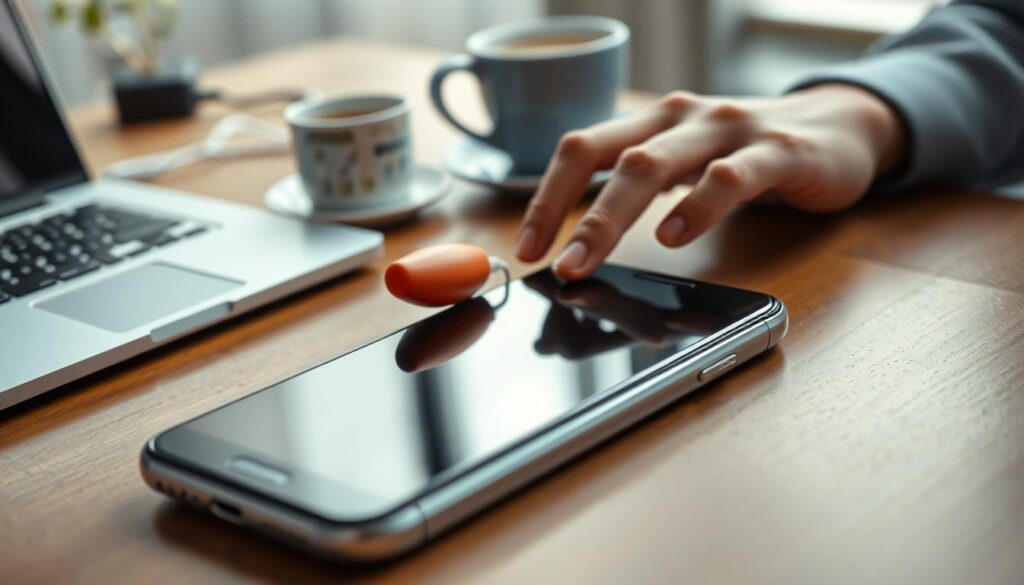 A close-up of a smartphone with a blank screen, resting on a wooden table. The background features a blurred image of a tech workspace with a laptop, charging cables, and a cup of coffee, creating a professional atmosphere. Soft lighting illuminates the smartphone, highlighting its sleek design and the subtle reflections on the glass screen. A pair of hands, wearing smart casual attire, can be seen gently touching the device, indicating a troubleshooting attempt. The overall mood is one of concern yet hopefulness, suggesting a solution is at hand. The image should convey the essence of technical problems while maintaining a clean and professional look, free from any text or distractions.