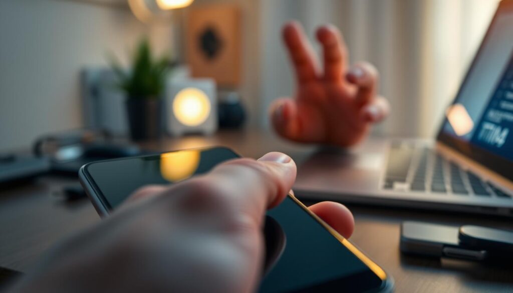 A close-up view of a smartphone displaying the power button being pressed for a soft reset, surrounded by subtle hints of a dimly lit room to create a calm atmosphere. The foreground features the smartphone in sharp focus, with the power button highlighted, showing a finger lightly touching it. In the middle ground, a blurred hand reaching towards the phone adds a sense of interaction. The background includes a softly lit workspace with a blurred laptop and some tech accessories, enhancing the theme of technology repair. The lighting is warm and inviting, creating a sense of tranquility and focus, perfect for illustrating a troubleshooting process.