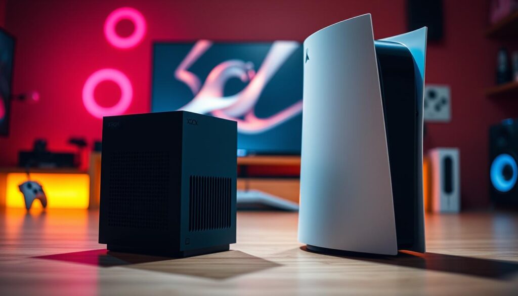 A detailed comparison of the Xbox Series X and PlayStation 5 gaming consoles, positioned prominently in the foreground. The Xbox Series X, sleek and black, displays its distinctive vented design, while the PlayStation 5, tall and futuristic, exhibits its white accent and curved edges. The background features a blurred gaming setup, with vibrant LED lights enhancing the atmosphere. Soft, focused lighting casts shadows on the consoles, highlighting their unique designs. The scene is shot from a low angle to emphasize the height and stature of both consoles, creating a competitive ambiance. A warm, inviting color palette conveys excitement and intrigue, inviting viewers to explore the nuances of each console's capabilities without any text or branding.