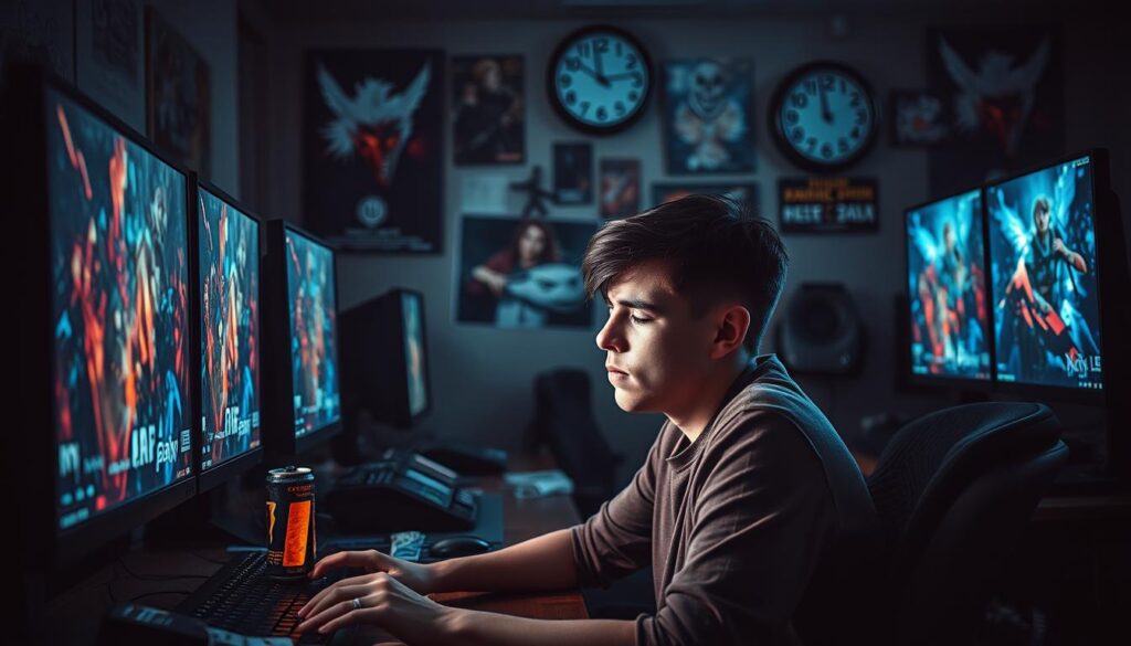 A dimly lit gaming room filled with computer screens displaying vibrant and chaotic game graphics. In the foreground, a young adult sits at a cluttered desk, their face illuminated by the screen's glow, showing signs of stress and fatigue. A half-empty energy drink and scattered snack wrappers hint at long gaming sessions. In the middle ground, posters of popular video games adorn the walls, creating a sense of immersion and obsession. The background reveals a clock that shows late hours, emphasizing the neglect of time. Soft, diffused lighting creates a moody atmosphere, with shadows playing across the room. The overall tone reflects an unsettling blend of fascination and turmoil, capturing the essence of Internet Gaming Disorder, while ensuring a professional and respectful portrayal.