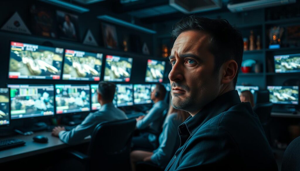 A dimly lit gaming room filled with various gaming setups showcasing a diverse group of individuals, all deeply focused on their screens. In the foreground, a player in business casual attire appears contemplative, embodying the stress and frustration of negative emotions interfering with decision-making. The middle ground features multiple monitors displaying complex gameplay scenarios, with graphs and charts indicating emotional impacts on outcomes. In the background, shelves overflow with gaming paraphernalia and awards, hinting at the competitive gaming environment. Soft, ambient lighting casts shadows, enhancing the serious mood of emotional struggle. The perspective is slightly angled to capture both the player's expression and the gaming chaos around them, reflecting the tension between skill and emotion in gaming decisions.