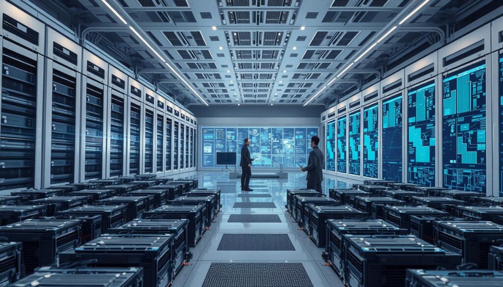 A futuristic and sleek design of the Fugaku supercomputer, showcasing its vast, modern architecture in a high-tech facility. In the foreground, intricate rows of powerful processing units and cooling systems glisten under soft, ambient lighting. The middle ground features a large, open space where technicians in professional business attire are engaged with the technology, analyzing data on floating holographic displays. The background reveals expansive walls adorned with digital screens showcasing complex algorithms and real-time data analysis. The scene is illuminated with a blend of cool blues and crisp whites, creating a focused and innovative atmosphere. The angle should capture the grandeur of the supercomputer, highlighting both its scale and cutting-edge technology, evoking a sense of awe and advancement in computing.