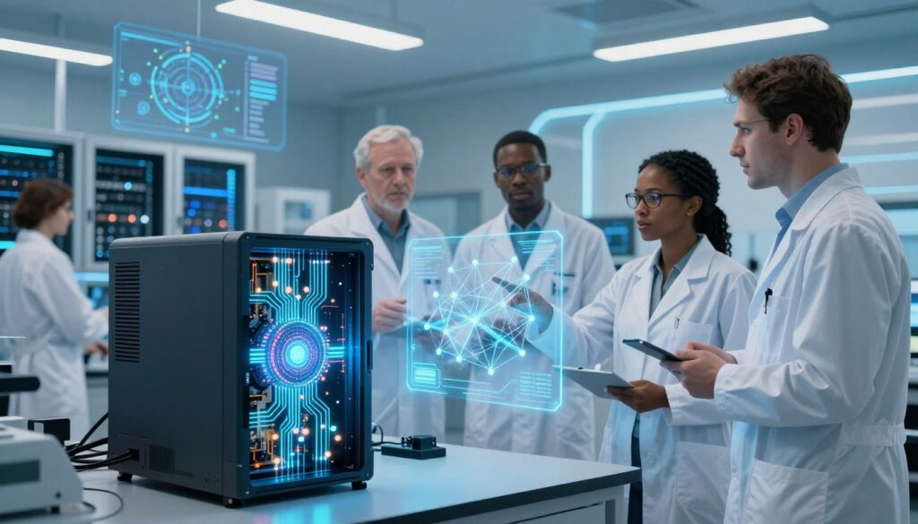 A futuristic laboratory setting illustrating the integration of quantum computing and digital infrastructure. In the foreground, a sleek quantum computer with glowing circuits and entangled qubits. In the middle, a team of diverse scientists in professional lab attire, engaged in discussions, with one pointing to a holographic display showcasing quantum networks. The background features digital servers and abstract representations of quantum algorithms, illuminated by soft blue and white lighting for a high-tech atmosphere. The lens should capture a slightly angled view, emphasizing depth and the relationship between the quantum computer and the researchers, conveying a sense of innovation and collaboration in the realm of quantum internet technology.