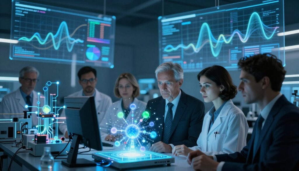 A futuristic laboratory setting showcasing quantum technology challenges. In the foreground, a diverse group of scientists in professional business attire, including both men and women, interact with a glowing quantum computer, their expressions focused and determined. In the middle ground, intricate quantum circuits and entangled particles are visually represented, emitting soft blue and green glows, symbolizing complexity and innovation. The background features large transparent screens displaying complex data and holograms of quantum wave functions, with dim, suggestive lighting creating an atmosphere of intrigue and tension. The overall mood conveys a sense of urgency and the critical nature of overcoming these technological hurdles in the development of a secure quantum internet.