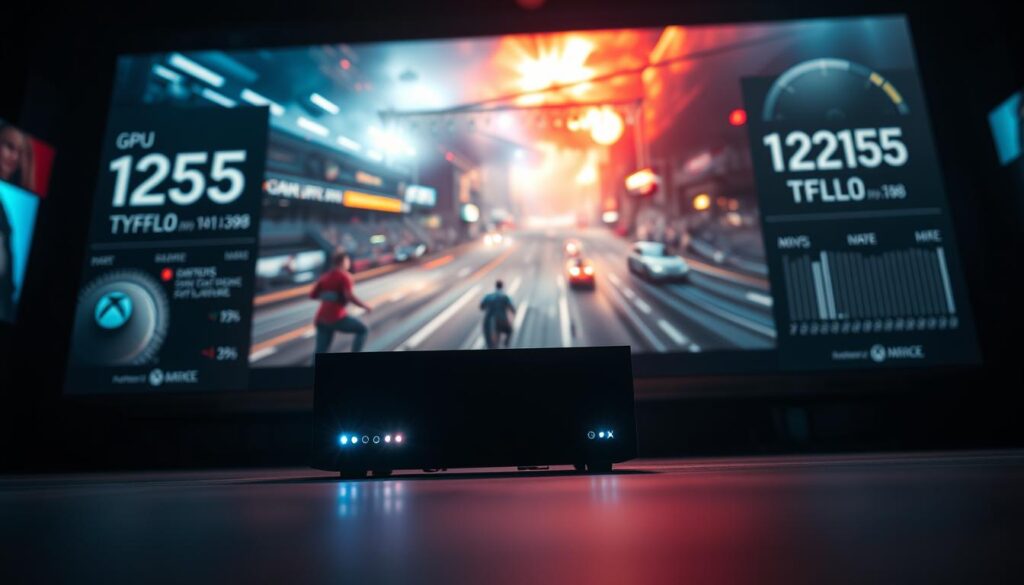 A sleek Xbox Series X console positioned prominently in the foreground, showcasing its modern design with bright LED lights indicating active status. The middle ground features a high-resolution gaming display showing an intense, visually stunning gaming scene with vibrant colors and dynamic action. In the background, an abstract depiction of GPU performance metrics and statistics, subtly rendered, indicating 12.155 TFLOPs, creating a sense of optimized power. The lighting is dramatic, highlighting the console and screen, with a slight glow to enhance the high-tech atmosphere. The angle captures the console from a low perspective, giving it a commanding presence, while the overall mood is energetic and focused on gaming performance.