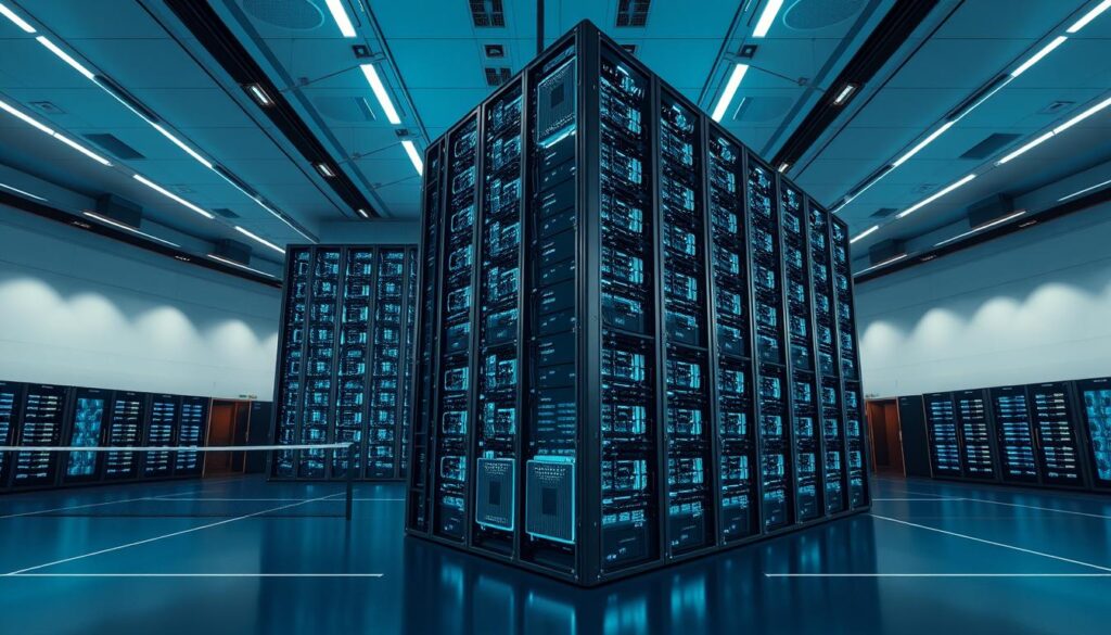 A vast, ultra-modern supercomputer occupies the foreground, with its sleek, towering structure dominating the scene. The supercomputer's complex array of processors glows softly in cool blue and green lights, highlighting the intricate design and advanced technology. In the middle ground, two tennis courts are segmented off to the sides, illustrating the enormous scale of the supercomputer in relation to familiar objects. The background features a stylish tech lab filled with servers and digital displays, reinforcing the high-tech atmosphere. Soft, focused lighting enhances the details of the supercomputer and creates a sense of depth, while a wide-angle perspective captures the expansive space, evoking an awe-inspiring mood of innovation and computational power. The overall composition should be clean and professional, embodying a cutting-edge scientific environment.