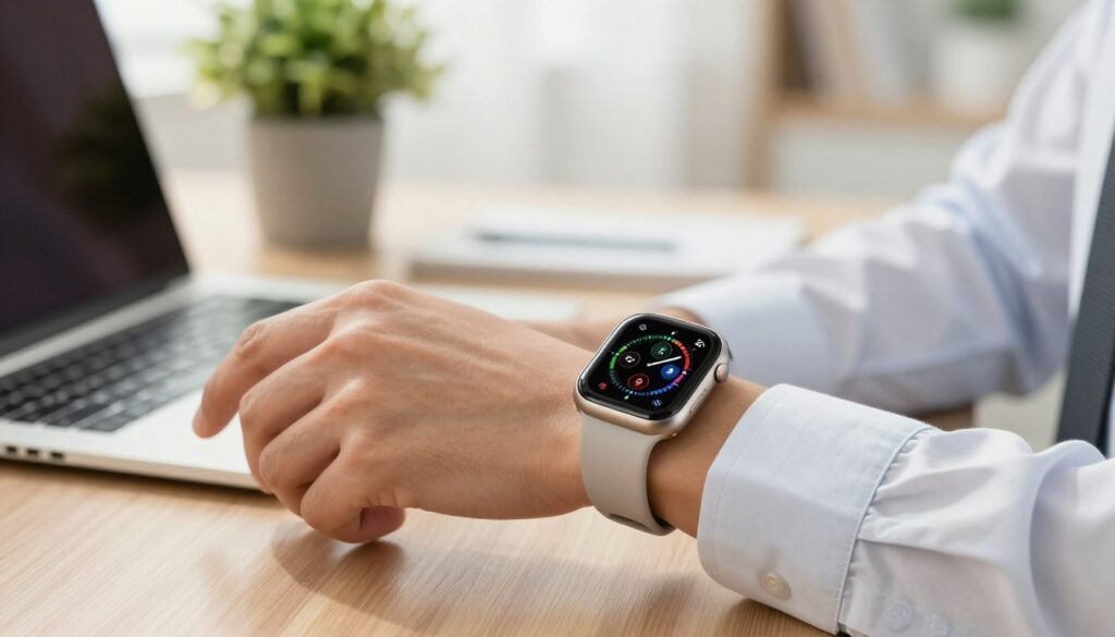 A close-up of a modern smartwatch elegantly designed, resting on a person's wrist in a professional business setting. The smartwatch features a sleek, minimalist design with a vibrant touchscreen displaying various fitness metrics. The hand is gracefully positioned with a natural pose, suggesting comfort and usability. The individual wears a crisp dress shirt, conveying a sense of professionalism. Soft natural lighting enhances the reflective surface of the watch, creating a warm and inviting atmosphere. In the background, a blurred office environment with a laptop and potted plant adds to the serene mood, emphasizing the blend of technology and daily life. The composition showcases the sophistication and wearability of the smartwatch without any text or distractions.