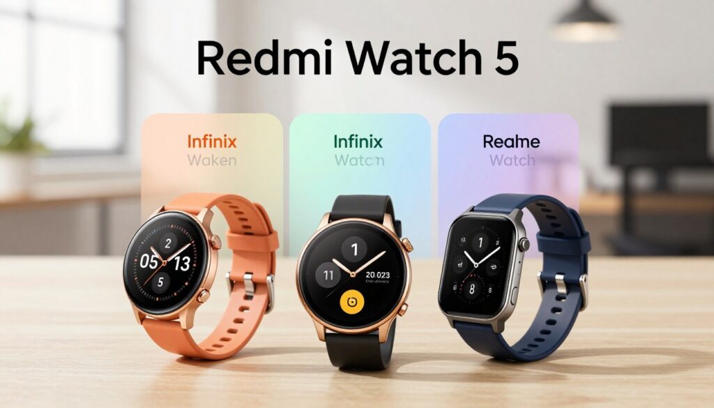 A detailed comparison of three smartwatches: Redmi Watch 5, Infinix Watch, and Realme Watch, displayed in a visually striking layout. In the foreground, feature the three smartwatches, each distinct in color and design, arranged in a triangular formation. In the middle ground, include a subtle gradient representing different price ranges, harmoniously blended with a color palette that suggests value for money. In the background, softly blurred modern office interiors hinting at a tech-savvy environment. Use bright, natural light to create an inviting atmosphere, with soft shadows emphasizing the watches. Capture the essence of comparison through a slight overhead angle for a clearer view of all three devices. The mood conveys smart decision-making and informed choices in technology.
